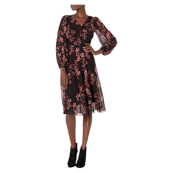 Calvin Klein Black Chiffon V-Neck Floral Knee Length Dress - Picture 1 of 16
